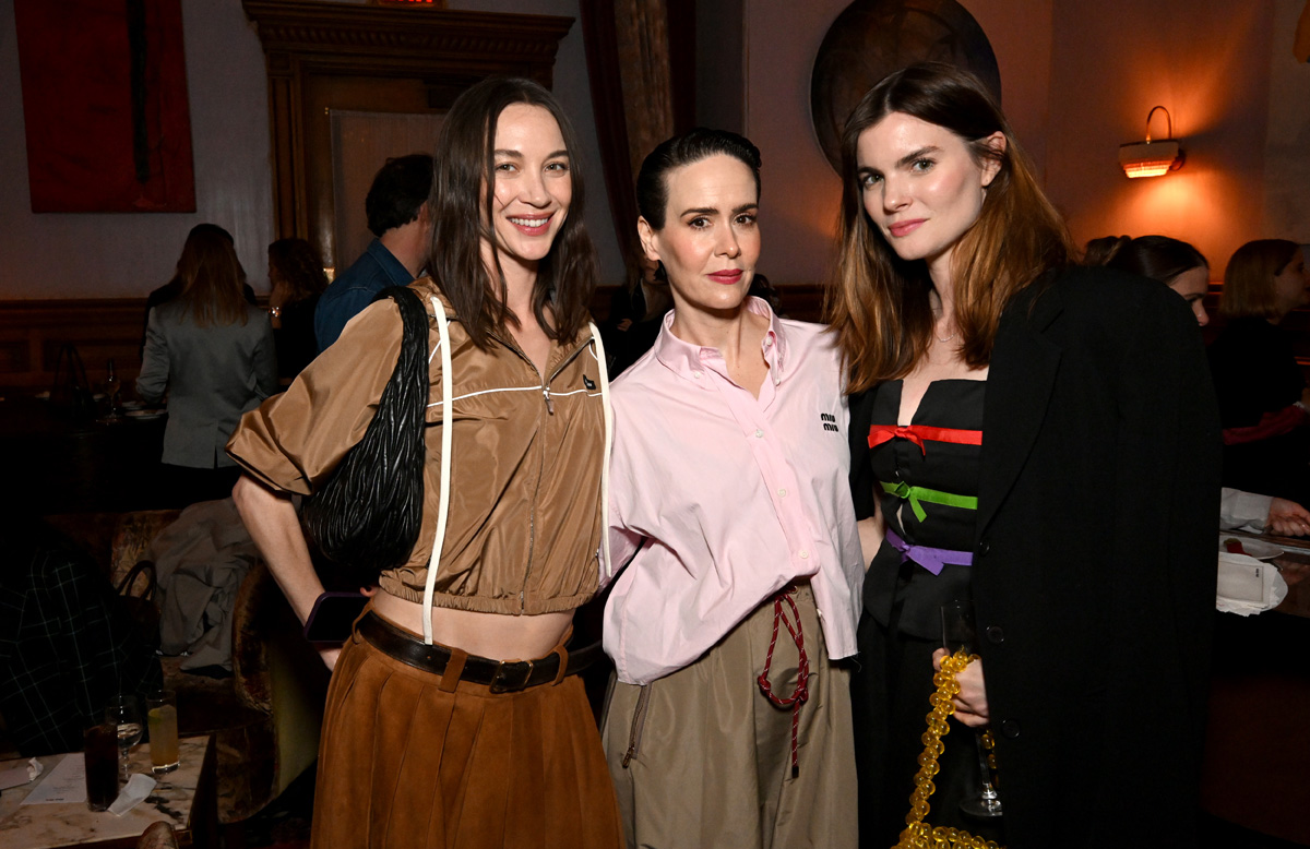 Sydney Lemmon (L) and Sarah Paulson (C) attend Miu Miu Tales & Tellers Dinner on May 09, 2025 in New York City
